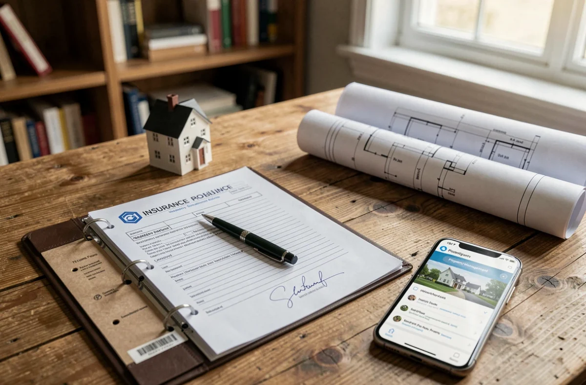 Documents d'assurance propriétaire non occupant avec plans de construction et modèle de maison sur un bureau