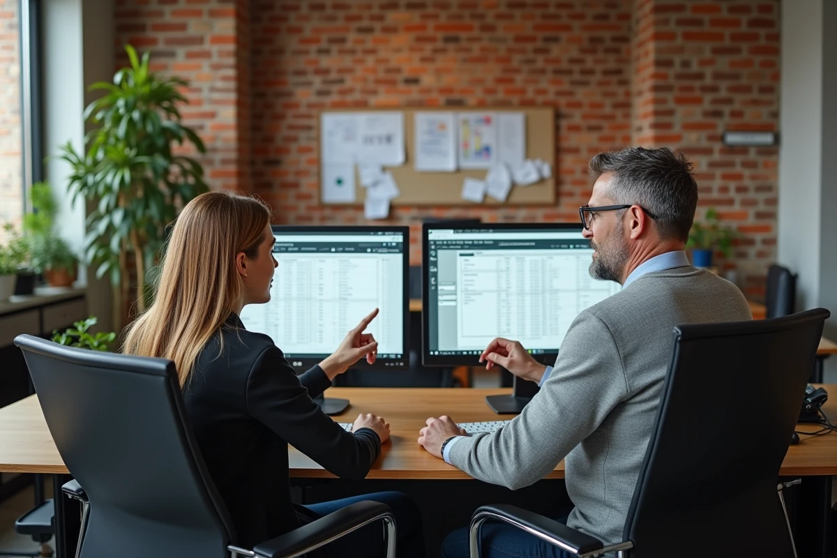 Équipe de gestion locative analysant des rapports d'état des lieux numériques dans un bureau collaboratif