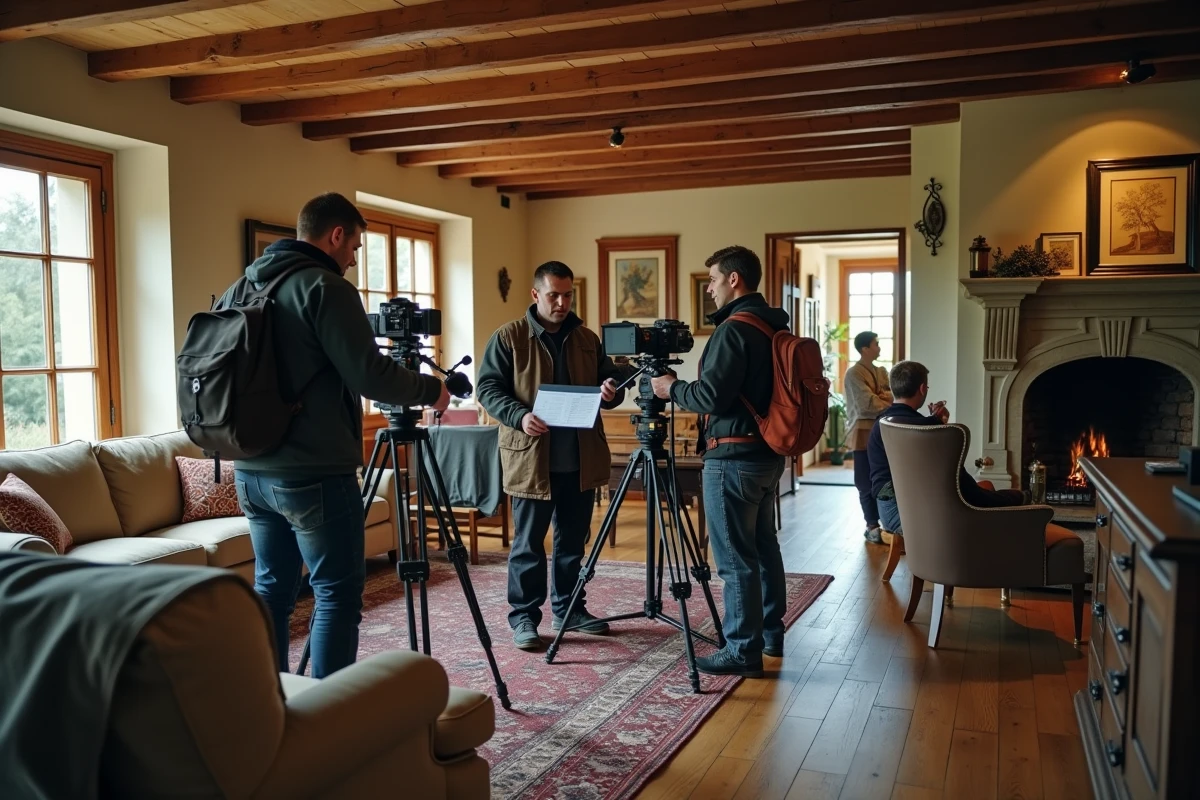 Équipe de tournage cinématographique installant du matériel dans une maison de campagne française louée pour la production