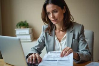 Femme consultant une estimation immobilière en ligne sur un ordinateur portable, comparant les services d'une agence classique et d'un outil gratuit