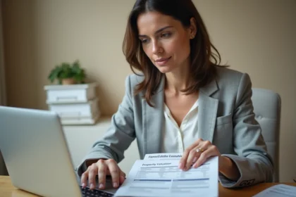 Femme consultant une estimation immobilière en ligne sur un ordinateur portable, comparant les services d'une agence classique et d'un outil gratuit