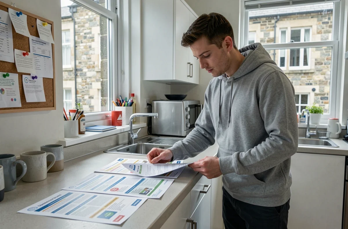 Étudiant comparant des brochures d'assurance habitation dans une cuisine de colocation