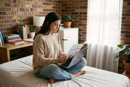 Étudiante en appartement consultant des documents d'assurance logement sur son ordinateur portable