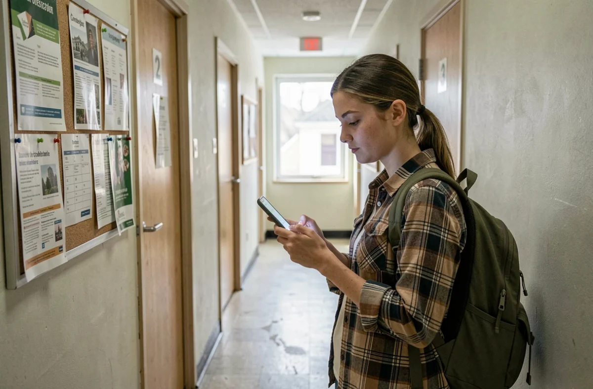 Étudiante souscrivant une assurance logement en ligne sur son smartphone dans un couloir de résidence universitaire