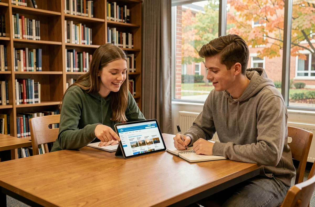 Deux étudiants comparant des offres d'assurance logement sur une tablette à la bibliothèque universitaire