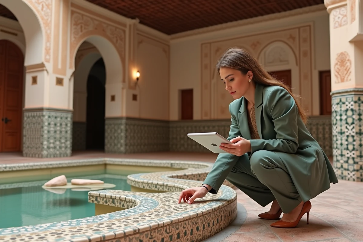 Designer intérieure évaluant l'état d'un patio et d'une fontaine de riad à Marrakech avant rénovation