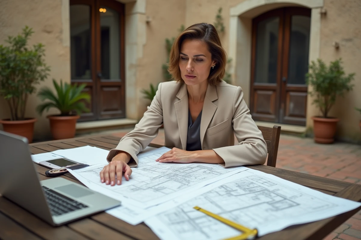 Experte immobilière analysant des documents cadastraux et plans de permis de construire liés à une limite de propriété