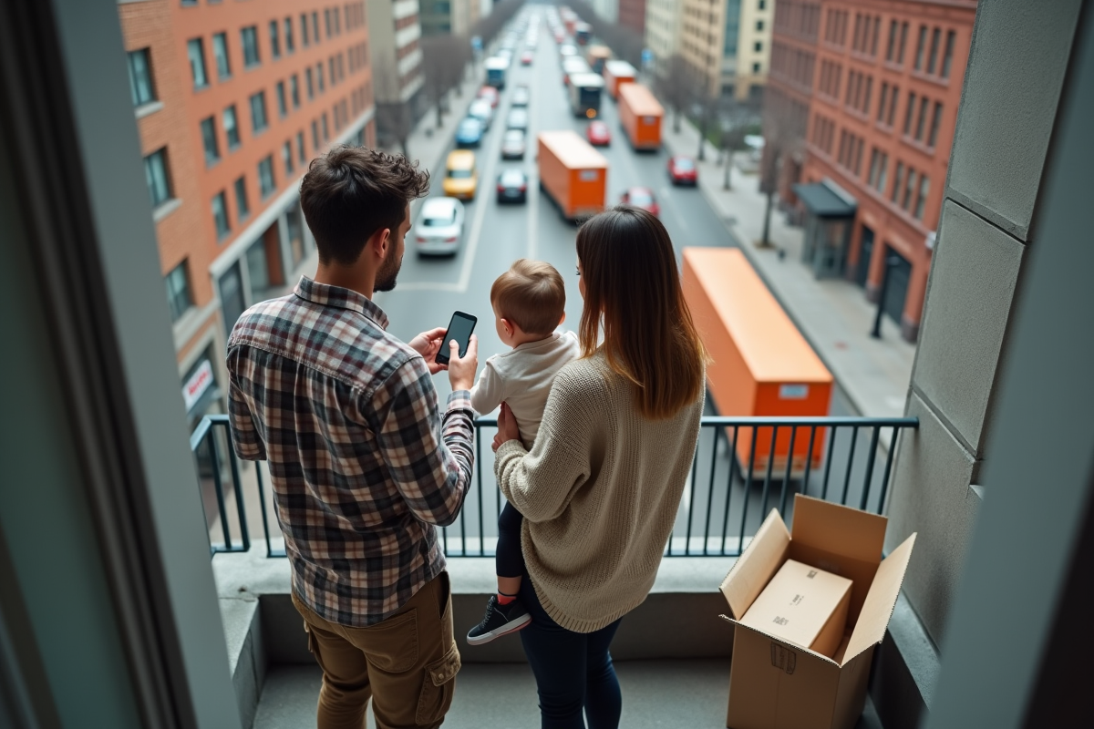 Famille sur le balcon regardant la ville en déménagement