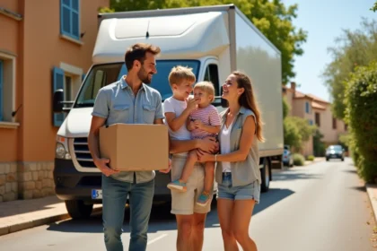 Famille heureuse devant un camion de déménagement dans une rue provençale ensoleillée