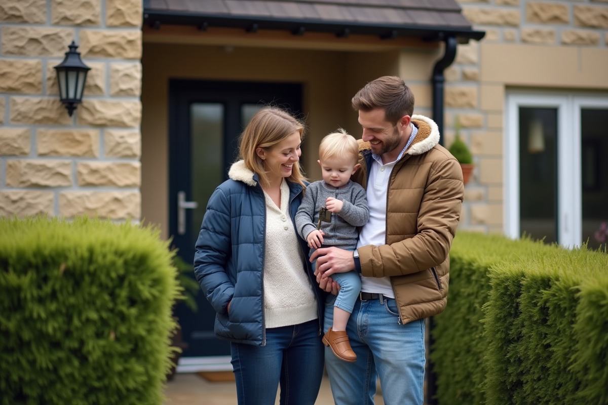 Famille souriante devant une maison dans un quartier résidentiel