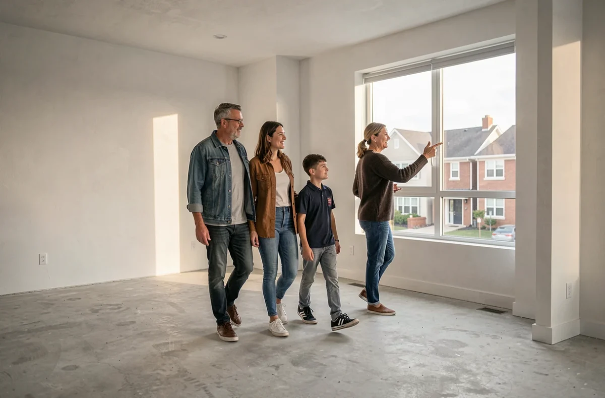 Famille visitant un appartement vide avec leur agent immobilier local avant emménagement