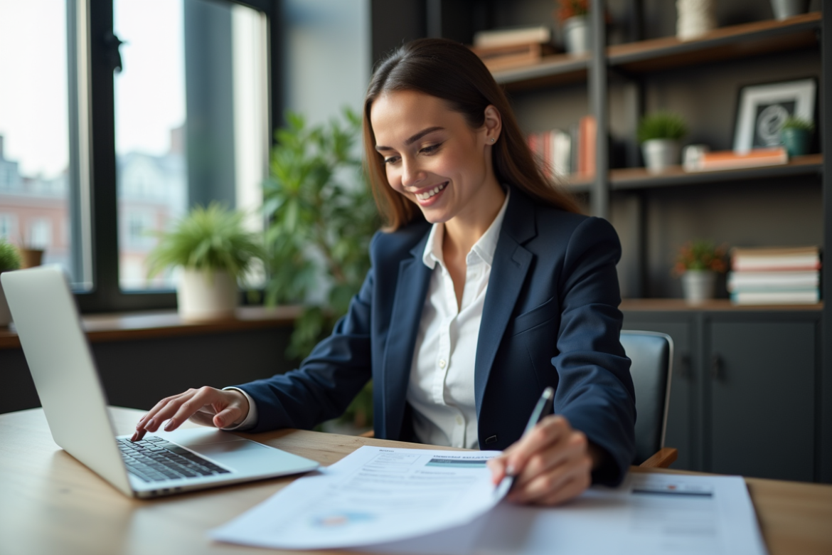 Femme d'affaires en bureau moderne avec documents et ordinateur