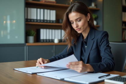 Femme d'affaires examinant des documents de prêt immobilier