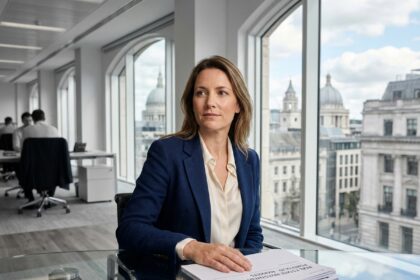 Femme d'affaires analysant des documents de SCPI européenne dans un bureau moderne avec vue sur une skyline européenne