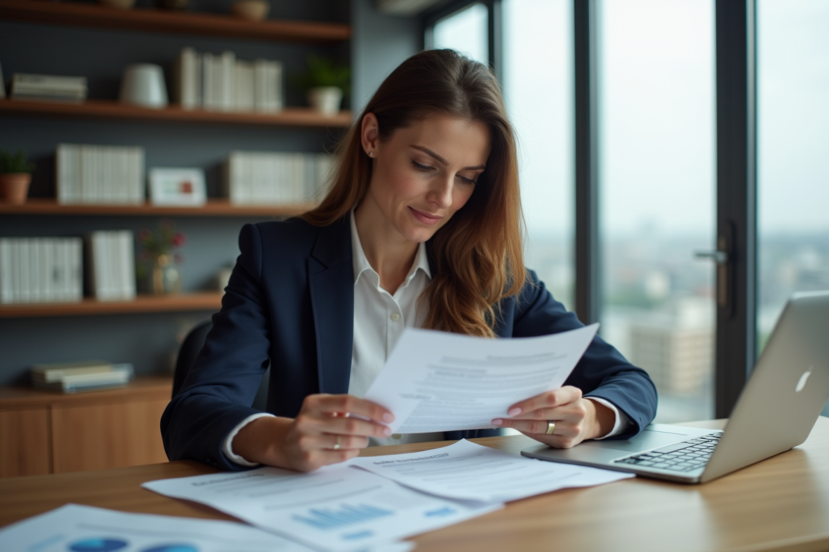 Femme d affaires examinant des documents de prêt immobilier