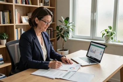 Femme professionnelle analysant des documents fonciers et des données immobilières sur ordinateur dans un bureau moderne