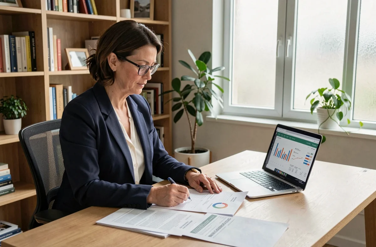 Femme professionnelle analysant des documents fonciers et des données immobilières sur ordinateur dans un bureau moderne