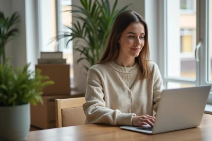 Femme assise à une table avec ordinateur dans son nouvel appartement