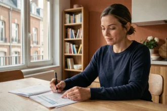 Femme comparant des offres d'assurance habitation à Valenciennes, assise à une table en bois avec des documents et un stylo