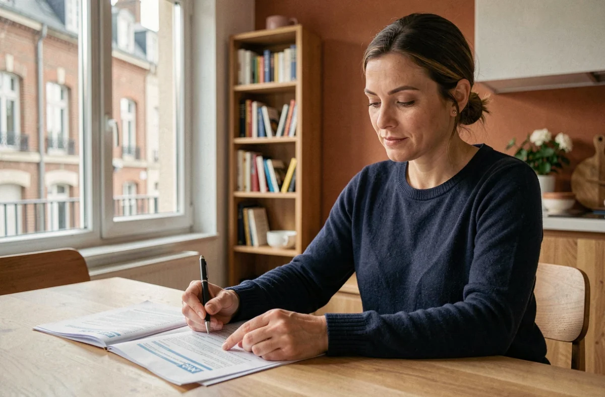 Femme comparant des offres d'assurance habitation à Valenciennes, assise à une table en bois avec des documents et un stylo