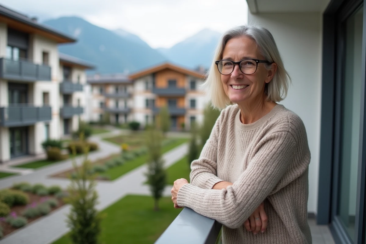 Femme souriante sur le balcon d'un appartement à Cluses