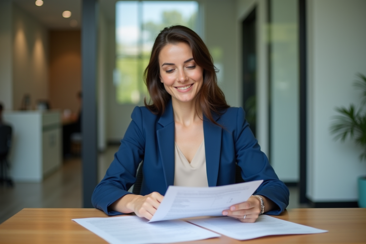 Femme professionnelle examinant des documents de prêt immobilier