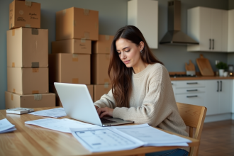 Femme concentrée sur son budget dans une cuisine chaleureuse