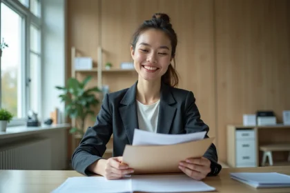Femme en bureau gouvernemental examinant des documents de logement