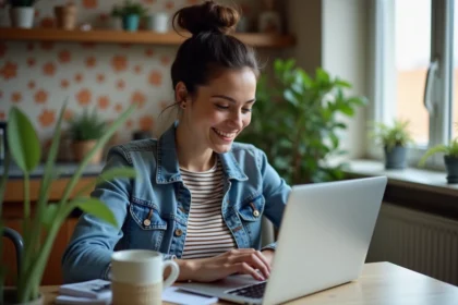 Femme au bureau dans un appartement urbain lumineux