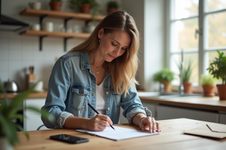 Femme remplissant formulaire de changement d'adresse dans une cuisine lumineuse
