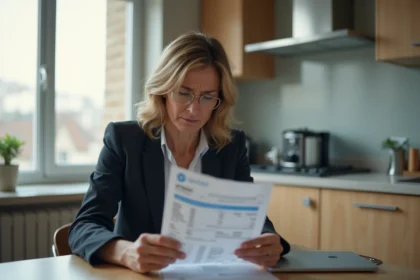 Femme d'affaires lisant une facture d'eau dans sa cuisine