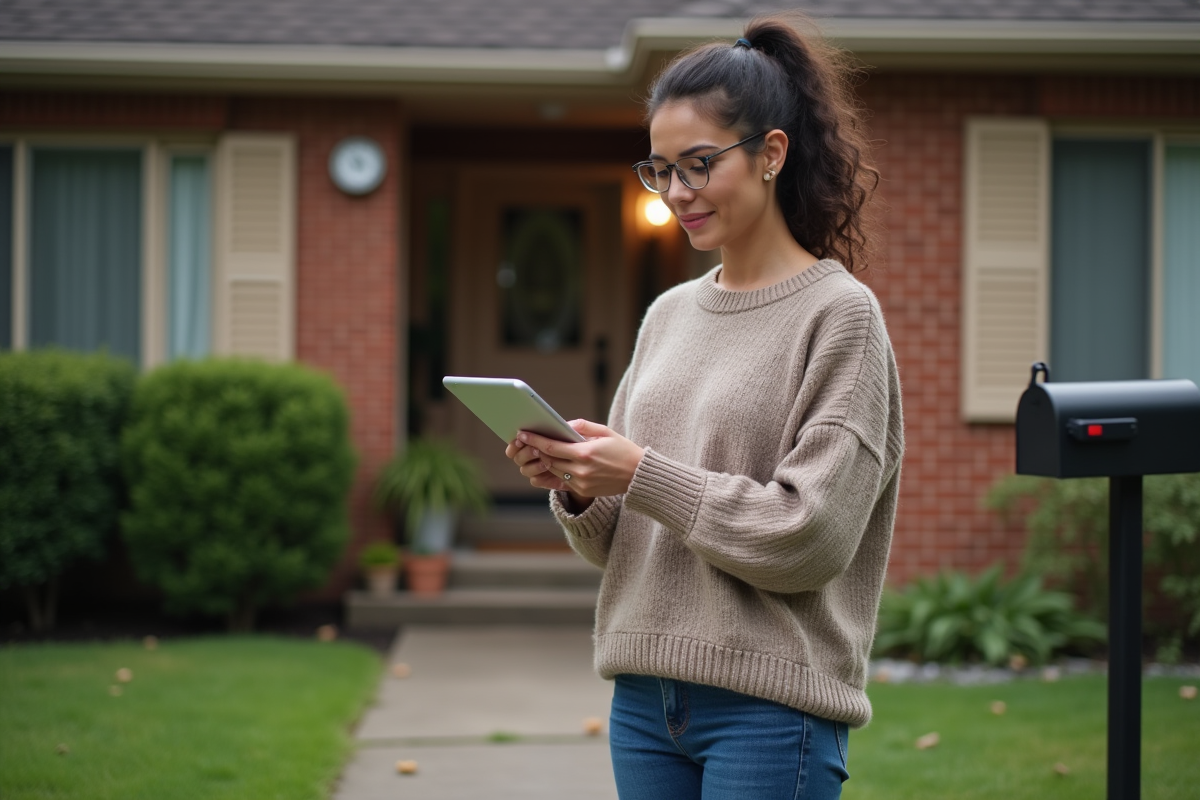 Femme vérifiant sa maison avec une tablette à l