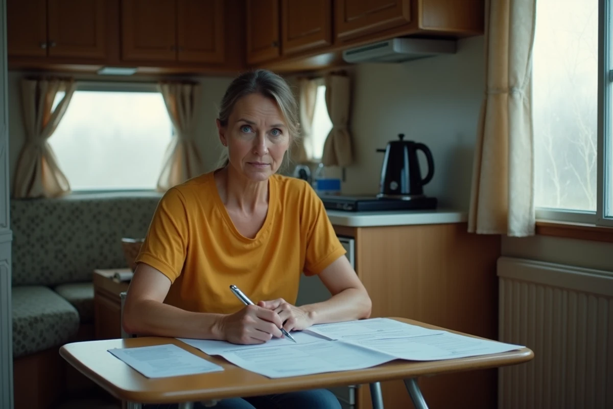 Femme seule lisant attentivement un contrat d'achat de mobil-home d'occasion à l'intérieur d'un mobil-home usagé