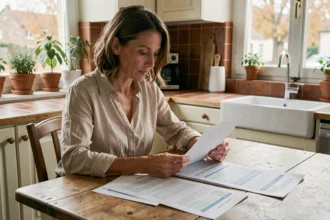 Femme consultant son contrat d'assurance multirisque habitation à la table de cuisine