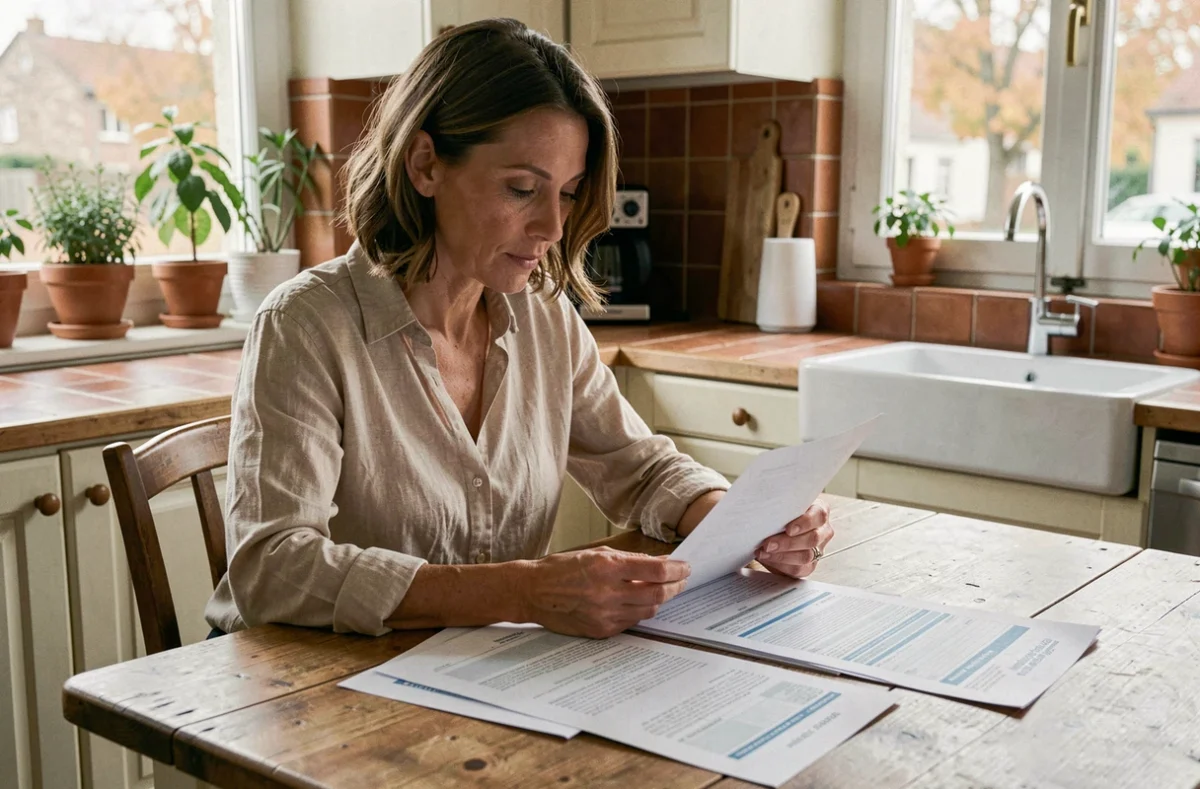 Femme consultant son contrat d'assurance multirisque habitation à la table de cuisine