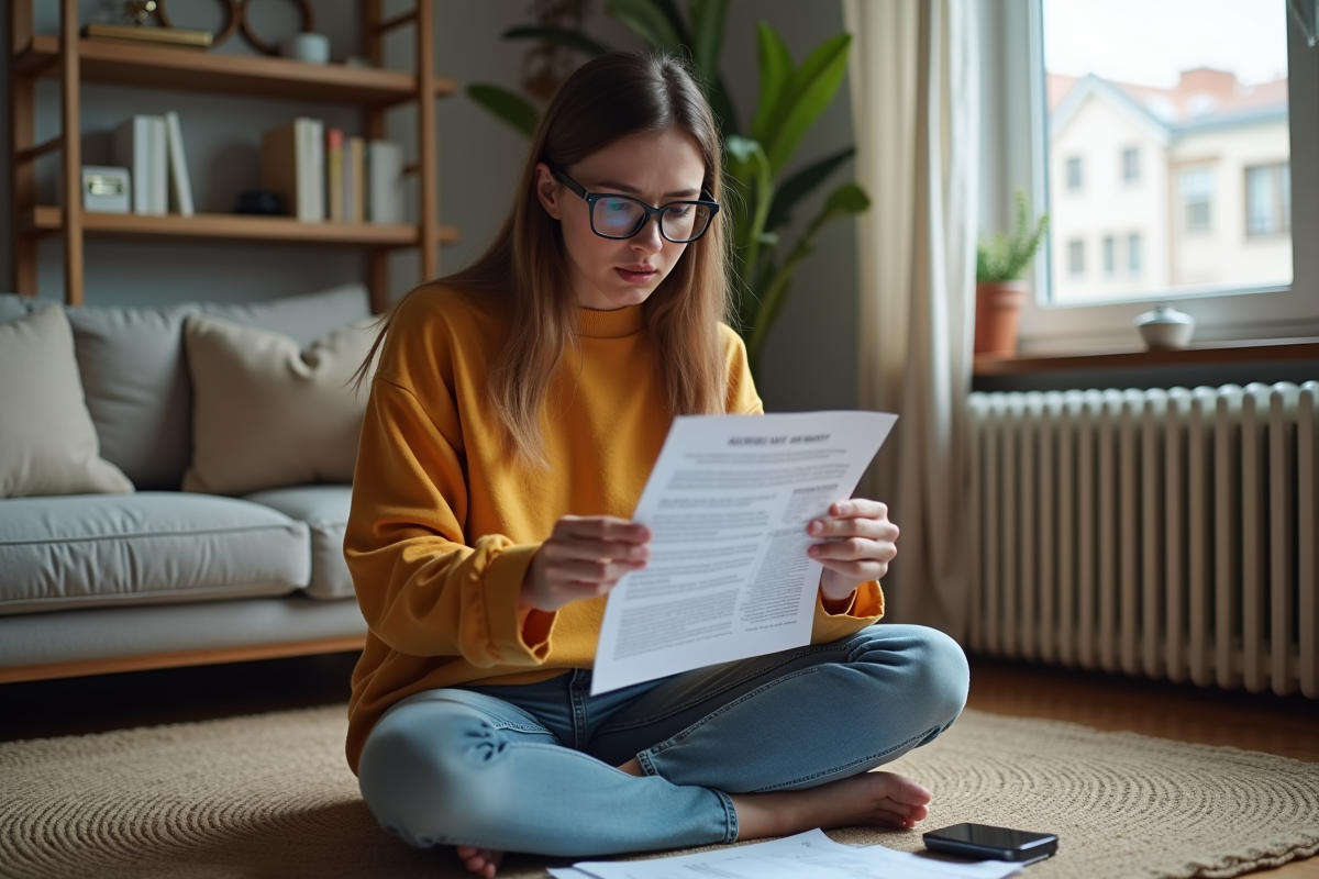 Jeune femme consulte un contrat de location dans son salon