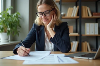 Femme consultant un contrat de location avec option d'achat à son bureau à domicile