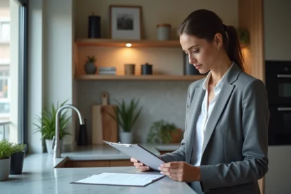 Femme professionnelle examinant un contrat de location dans une cuisine moderne à Toulouse