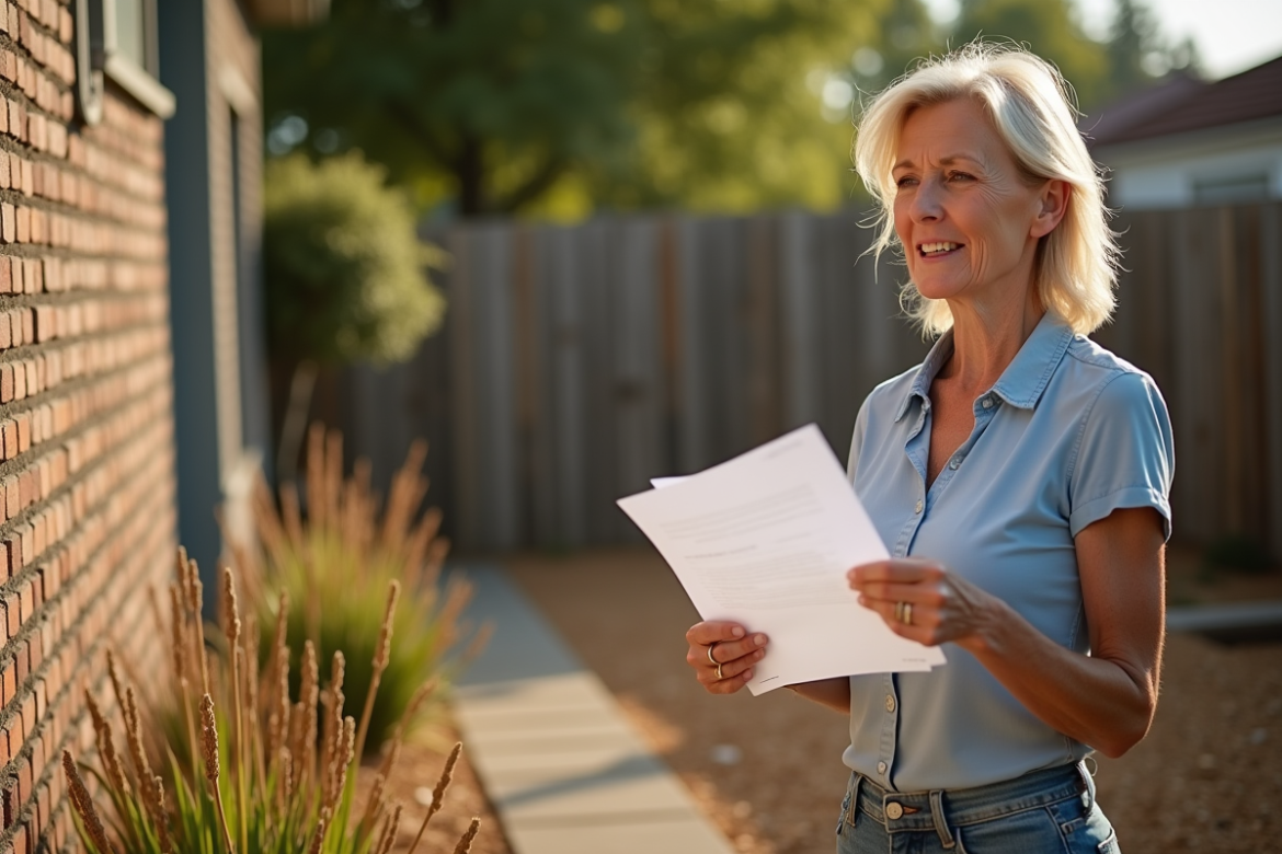 Femme d'âge moyen tenant des documents dans un jardin sec
