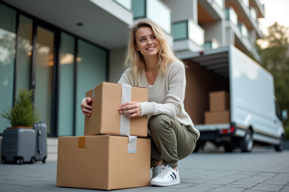 Femme en extérieur scellant une boîte de déménagement devant un immeuble