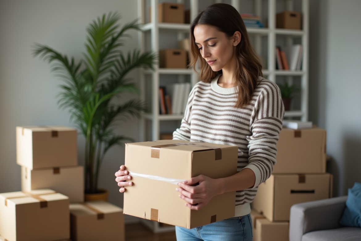 Femme emballant un carton pour déménagement dans un appartement