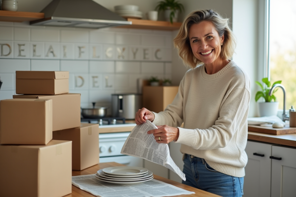 Femme emballant des plats dans un journal dans la cuisine