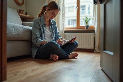 Femme d'âge moyen examinant un sol en bois dans un appartement