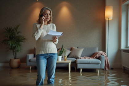 Femme debout dans son salon inondee parlant au téléphone