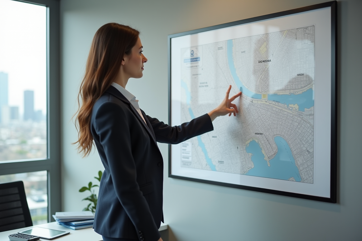 Jeune femme en costume montrant une carte immobilière dans un bureau