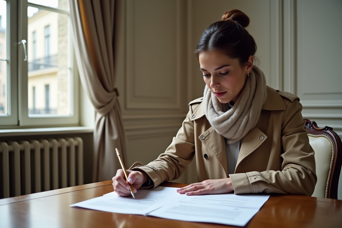 Femme examinant documents fiscaux dans un intérieur élégant