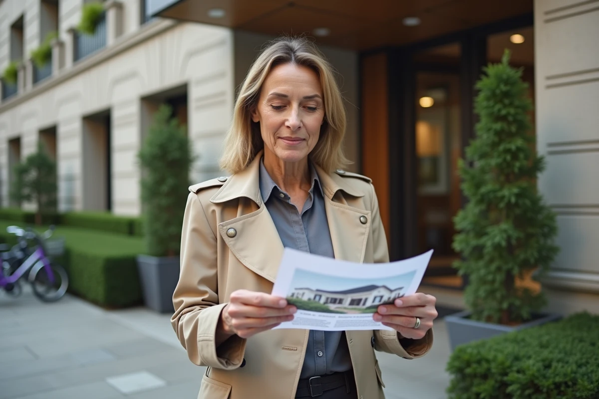 Femme d âge moyen regardant une annonce immobilière devant un bâtiment