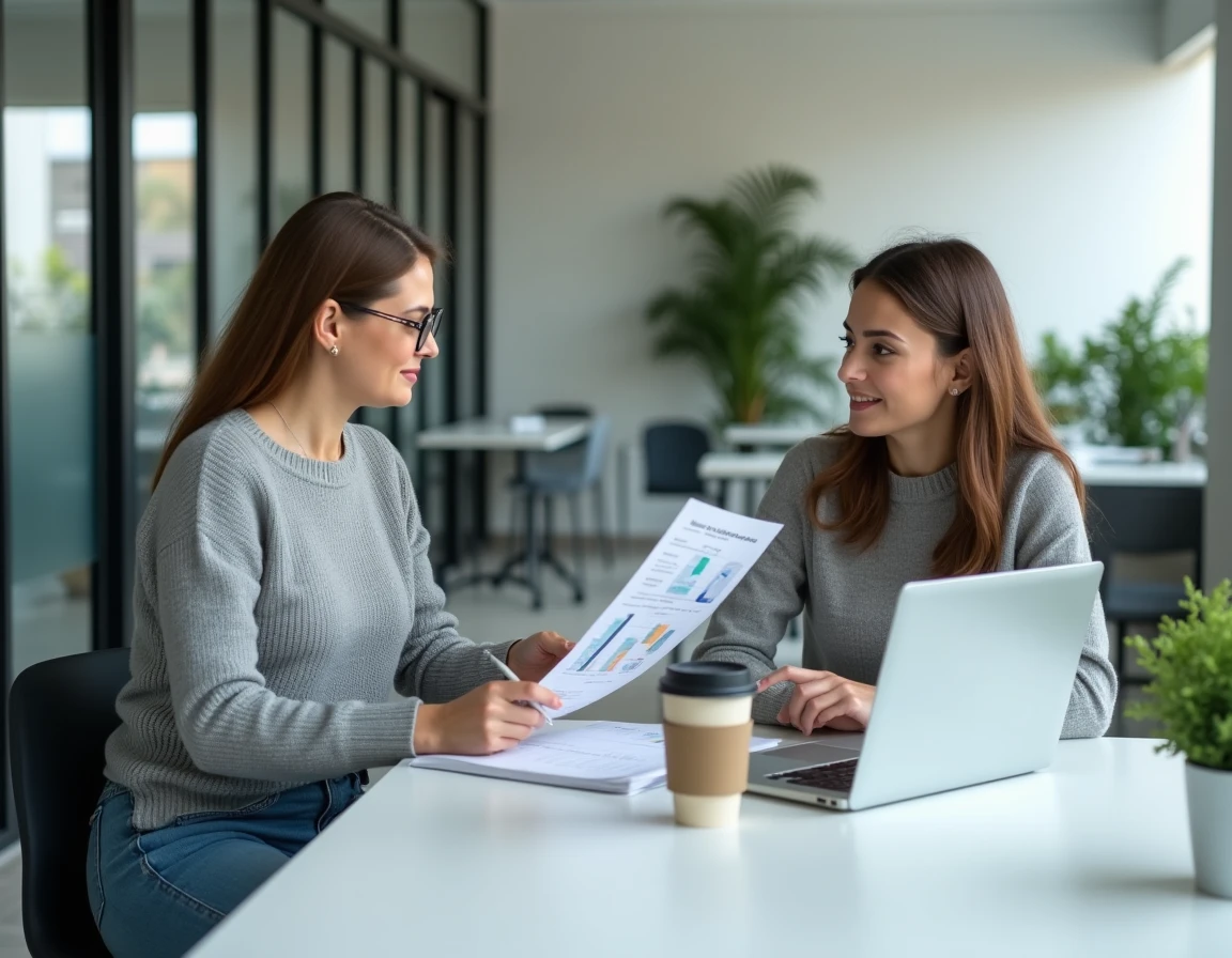 Jeune femme investisseuse discutant d'un plan de financement locatif avec un conseiller bancaire dans une agence moderne