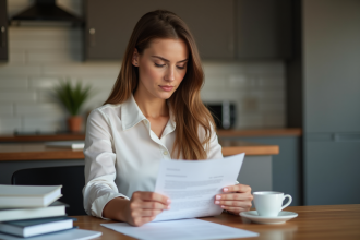 Femme lisant des documents d'assurance dans une cuisine moderne