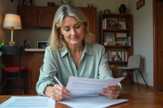 Femme d'âge moyen examinant un avis de licenciement chez elle